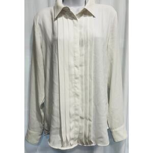 Lauren Ralph Lauren Size 8 Ivory Pleated Front Button Down Blouse Tuxedo Style